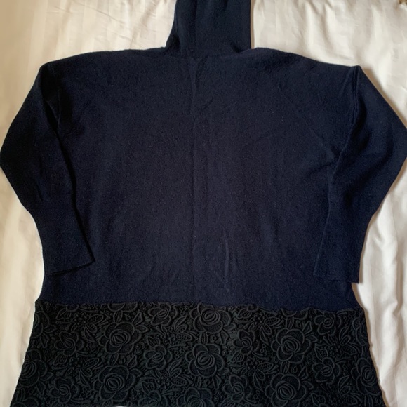 Deep blue cashmere tunic  turtleneck w wide black lace band across hem slits EUC - Picture 4 of 7